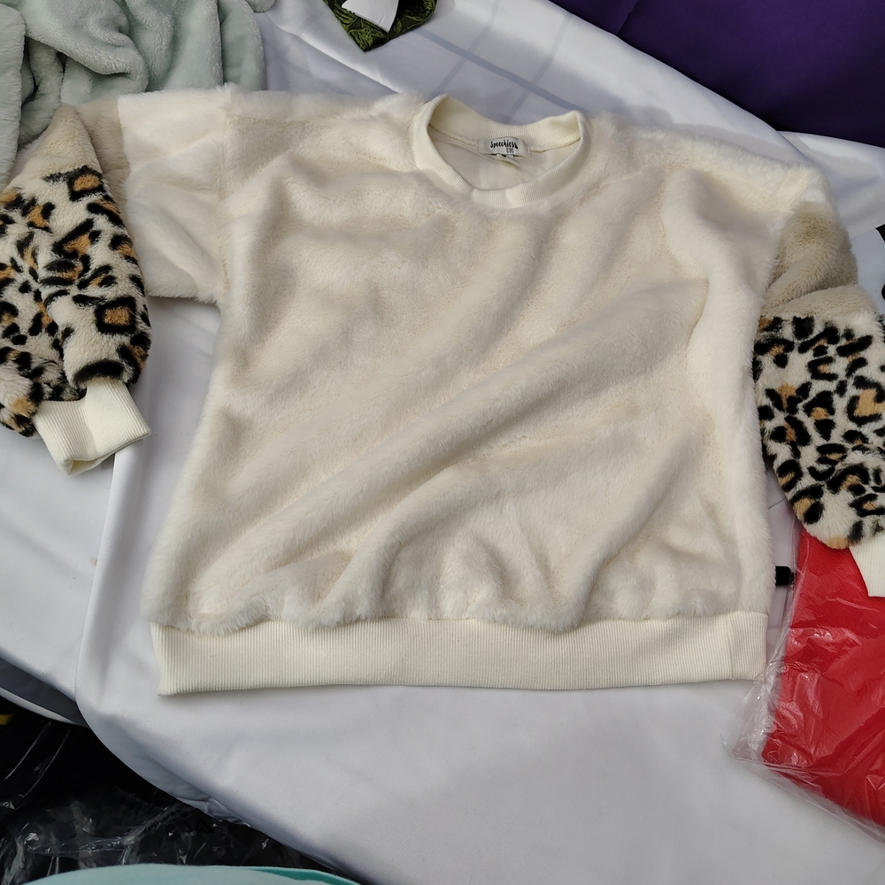 Girls Cream Sweater with Leopard Print Sleeves